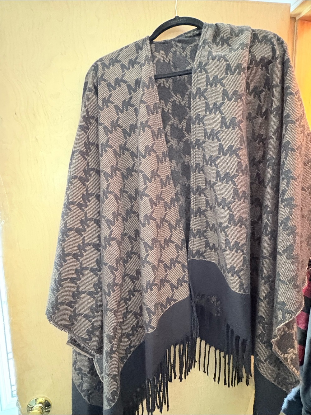 Michael Kors Brown and Black Logo Fringe Poncho